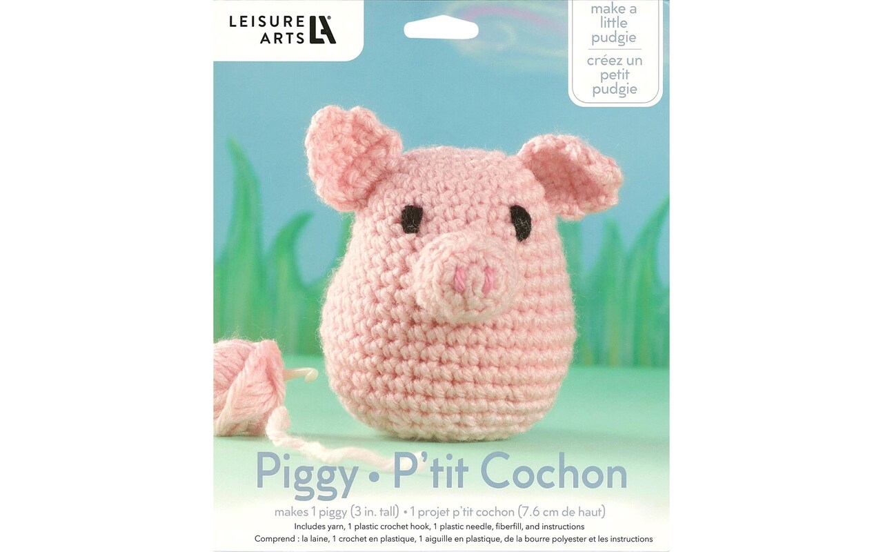 Leisure Arts Pudgies Animals Crochet Kit, Piggy, 3, Complete Crochet kit,  Learn to Crochet Animal Starter kit for All Ages, Includes Instructions,  DIY amigurumi Crochet Kits